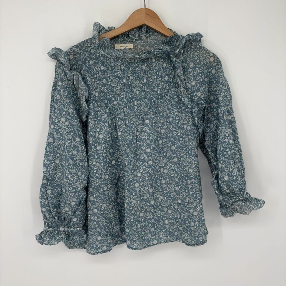Doen Doen Blue Floral Ruffle-Neck Puff Sleeve Blouse